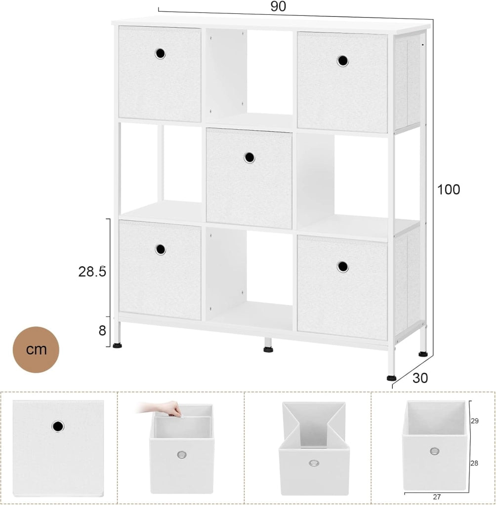 Scaffale per Libri, Scaffale con 4 Cubi Aperti e 5 Cassetti in Tessuto non Tessuto, Unità di Stoccaggio Industriale per Soggiorno/Camera da Letto/Ufficio, Legno Ingegnerizzato, RGB64ws