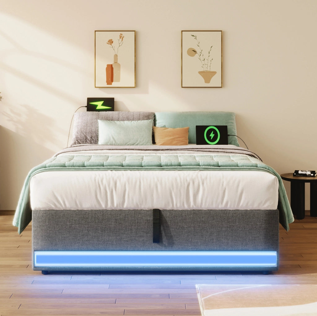 Letto imbottito 90x200 cm senza testiera in lino grigio con LED; USB e porta Type-C; contenitore idraulico
