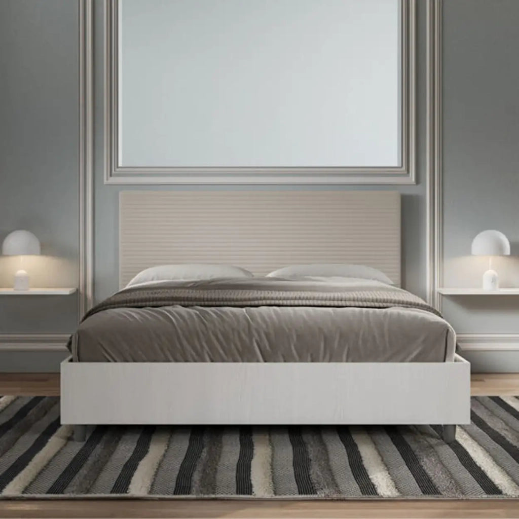 Letto matrimoniale contenitore doppia alzata 160x200 bianco frassino testata similpelle tortora Level