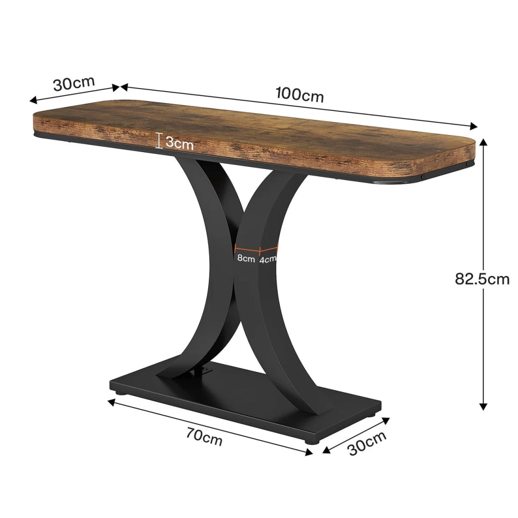 Consolle con piano effetto legno e base in metallo, stile industriale, per ingresso e soggiorno, 100 × 29,5 cm