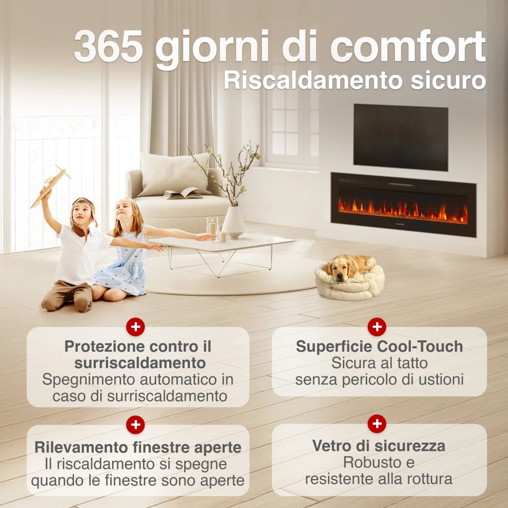 KAMINIO Camino elettrico MARLON - Camino elettrico 3 in 1 con riscaldatore, effetto fiamma 3D, 12 colori di fiamma, telecomando - 50 pollici