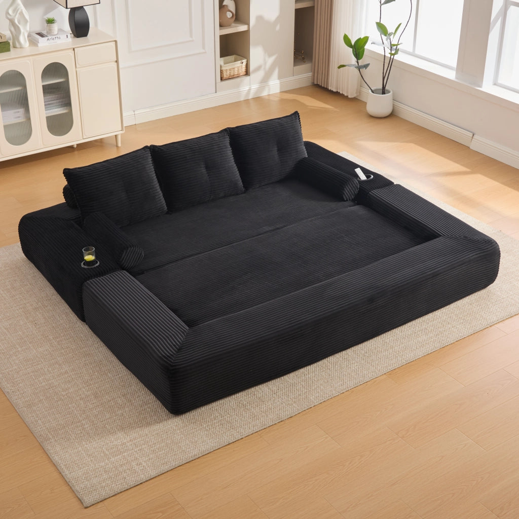Divano letto modulare in velluto a coste nero 232x98 cm con tasche e portabicchieri
