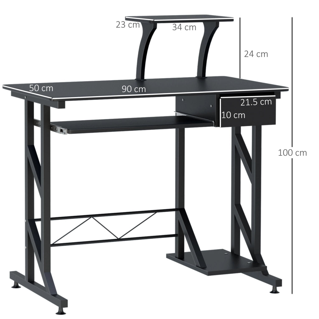 Scrivania per Computer Salvaspazio in Acciaio e Legno, Scrivania da Ufficio con Cassetto, Ripiano Tastiera Estraibile, 90x50x100 cm, Nero