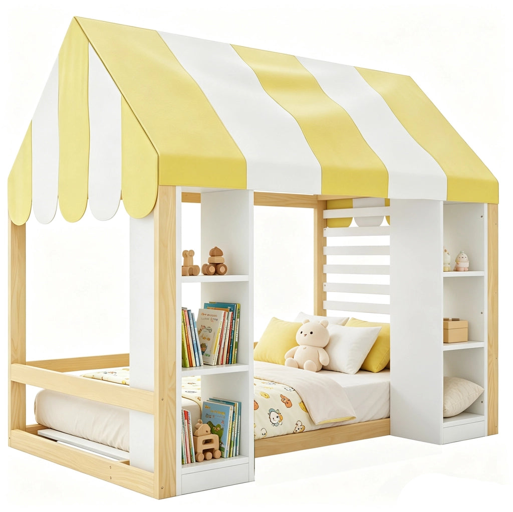Letto a soppalco per bambini 90x200 cm con baldacchino e 2 vani portaoggetti