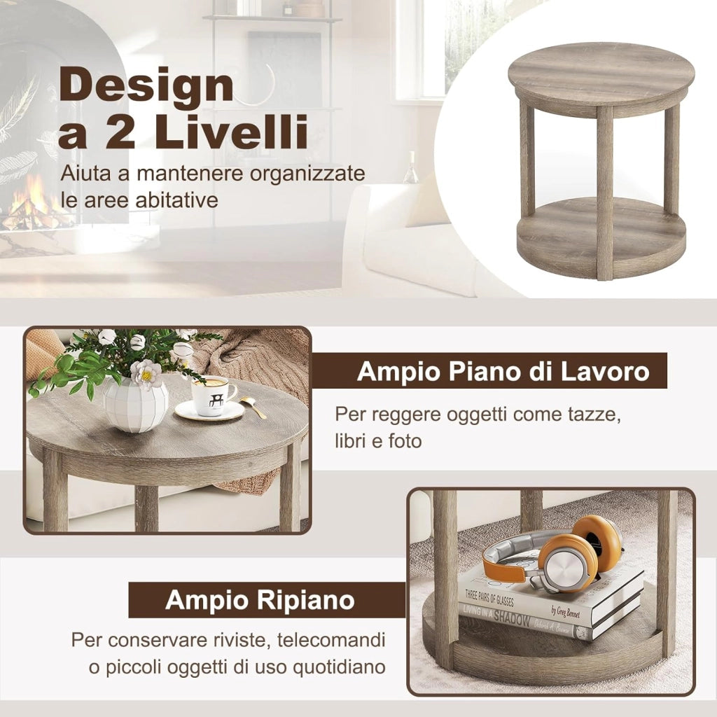 Tavolino Rotondo da Salotto, Tavolo da Caffè a 2 Livelli con Ripiano e Gambe in Legno di Gomma, Portata 160 kg, Tavolino in Legno per Soggiorno, Studio e Ufficio, 60,5 x 60,5 x 61 cm (Grigio)