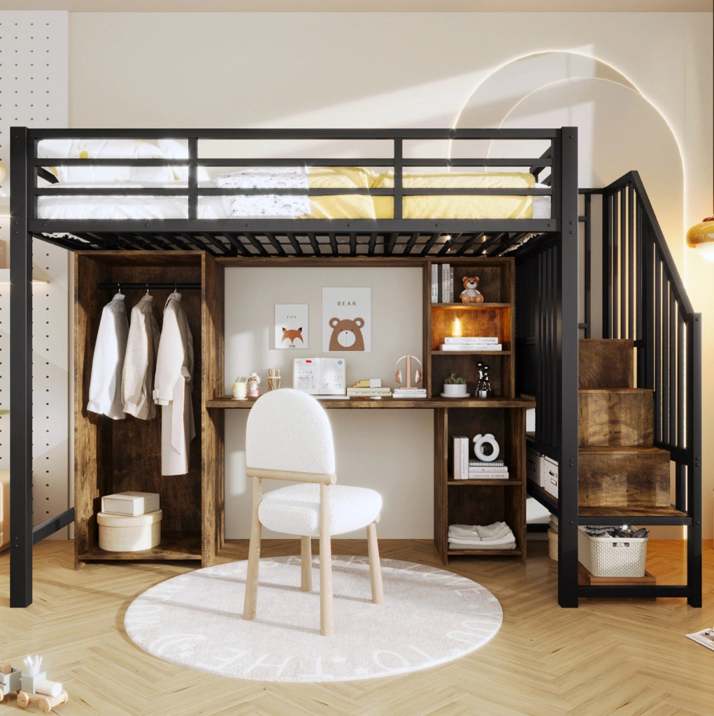 Letto a soppalco 90x200 cm con armadio e scrivania nero