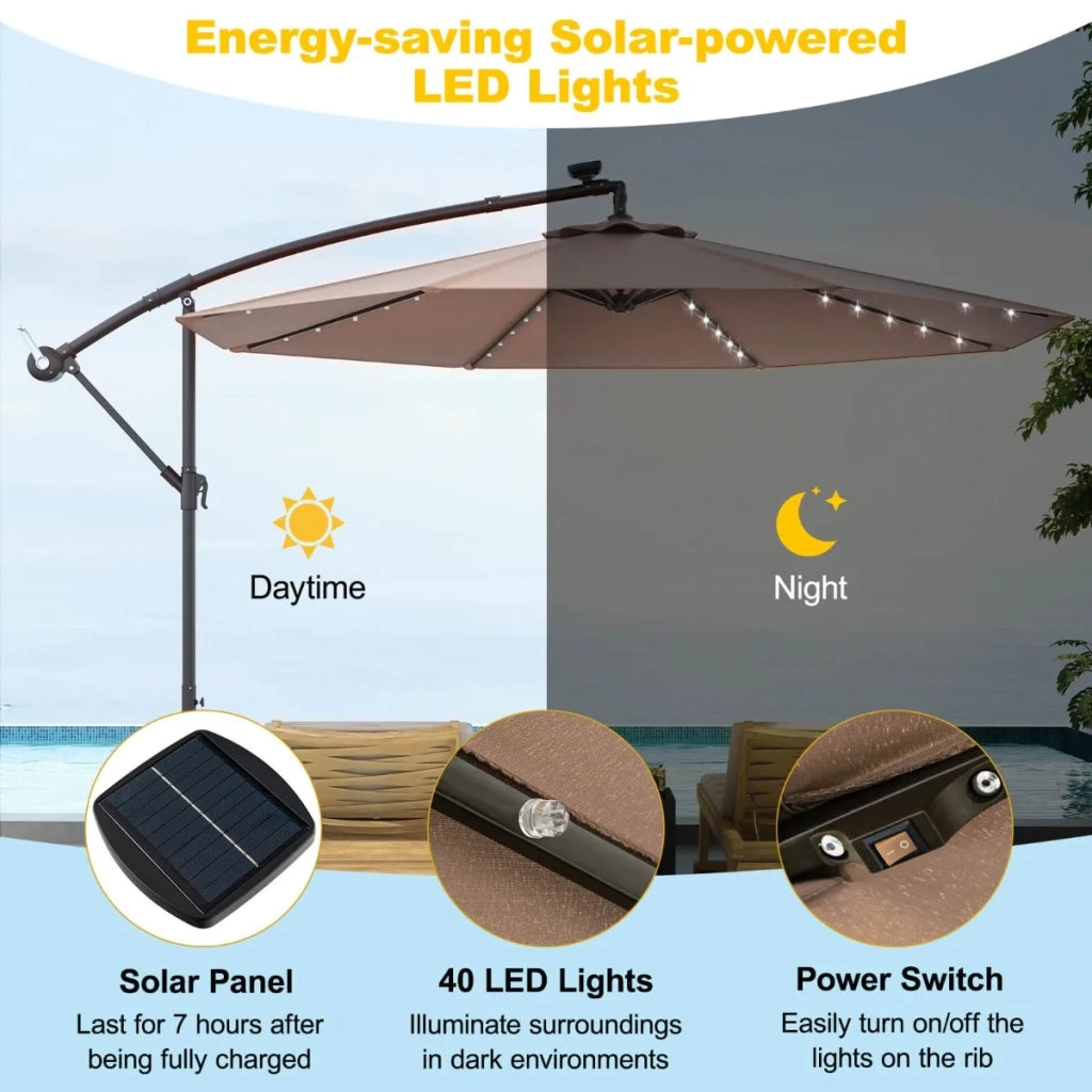 3m Solar Patio Offset Umbrella Adjustable with 40 LED and Cross Base Stand-Brown