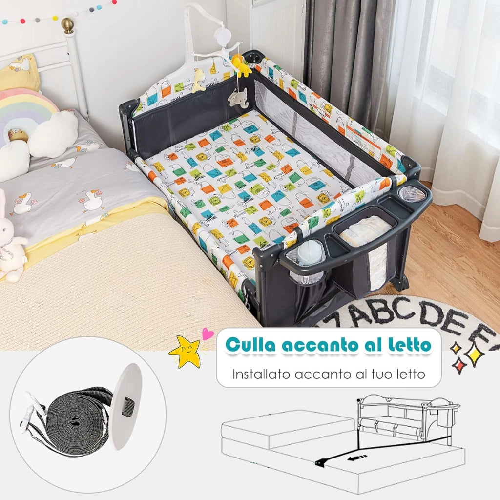 5 in 1 Lettino da Campeggio per Bambini, Lettino con Materasso per Neonato, Culla da Viaggio con Fasciatoio, Altezza Regolabile, Ruote con Freno, per Bambini 0-36 Mesi (Grigio)