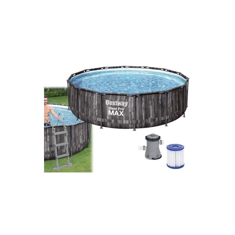 Piscina fuori terra rotonda effetto legno con telaio in acciaio e pompa filtro, diametro 427 cm altezza 107 cm con scaletta e copertura - Bestway