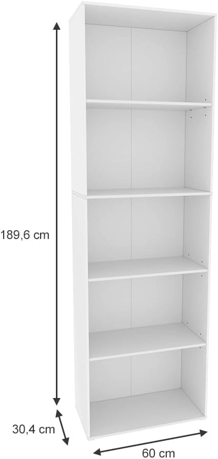 Libreria Bob, Bianco, 60 x 190 cm con 5 scomparti, per la conservazione e la presentazione di libri e raccoglitori