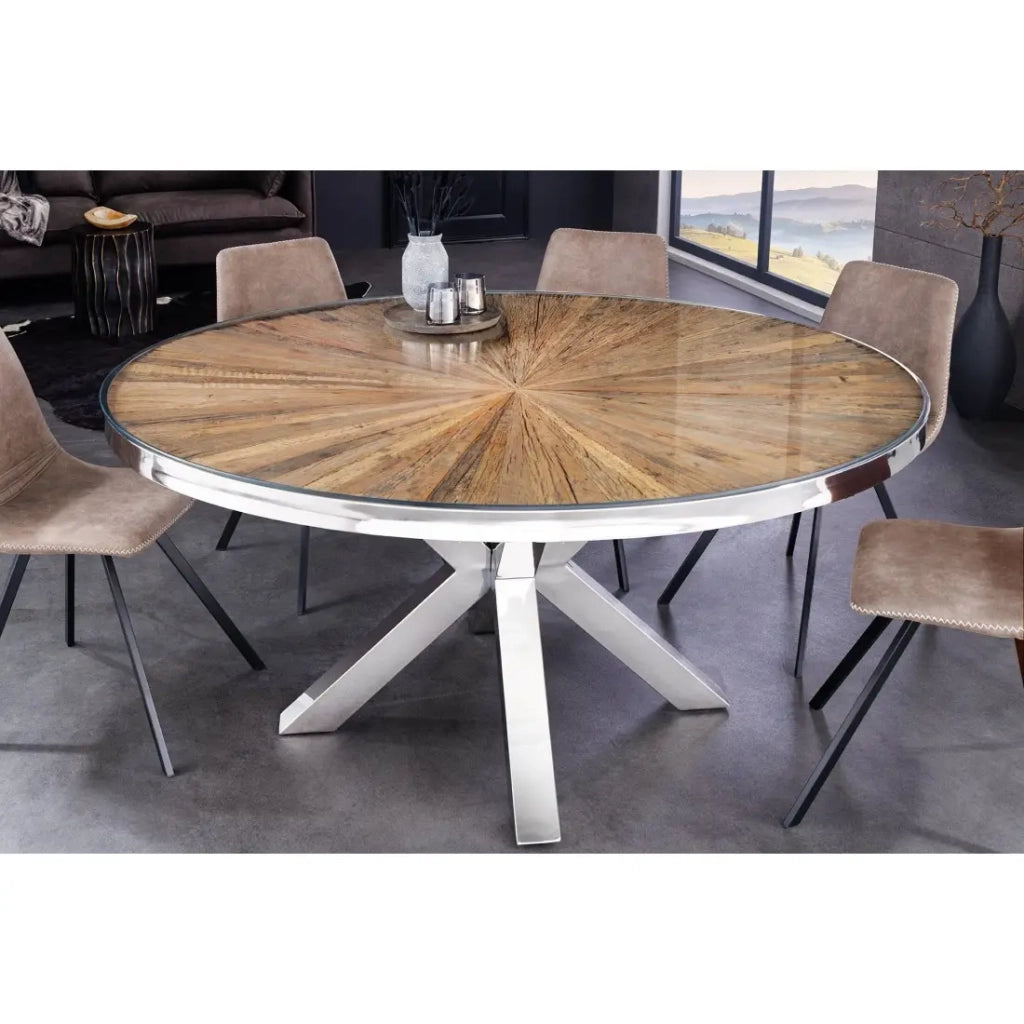 Tavolo da pranzo RAFTA – Legno di teak e vetro temperato – Piede cromato – 120 cm – Rotondo – Stile contemporaneo