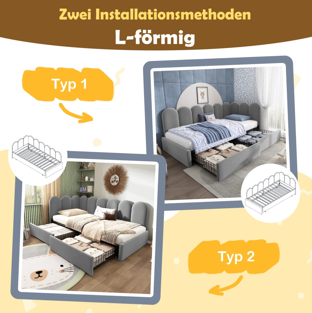Letto singolo imbottito 90x200 cm con 2 cassetti, grigio