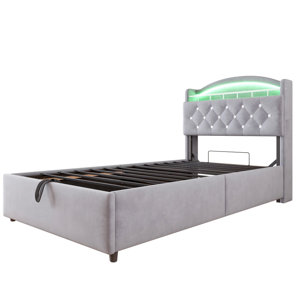 Letto imbottito per bambini 90x200 cm con contenitore; LED; USB e portaoggetti; grigio