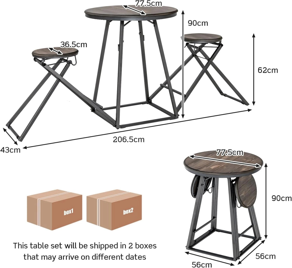 Set da 3 pezzi, Tavolo da Bar, Tavolo da Pranzo, Sgabelli Pieghevoli, Stile Industriale, Struttura Metallica,Mobili Bar, Salvaspazio