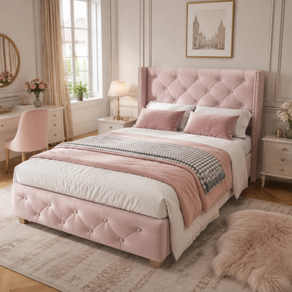 Letto imbottito in velluto rosa 90x200 cm con testiera e rete a doghe