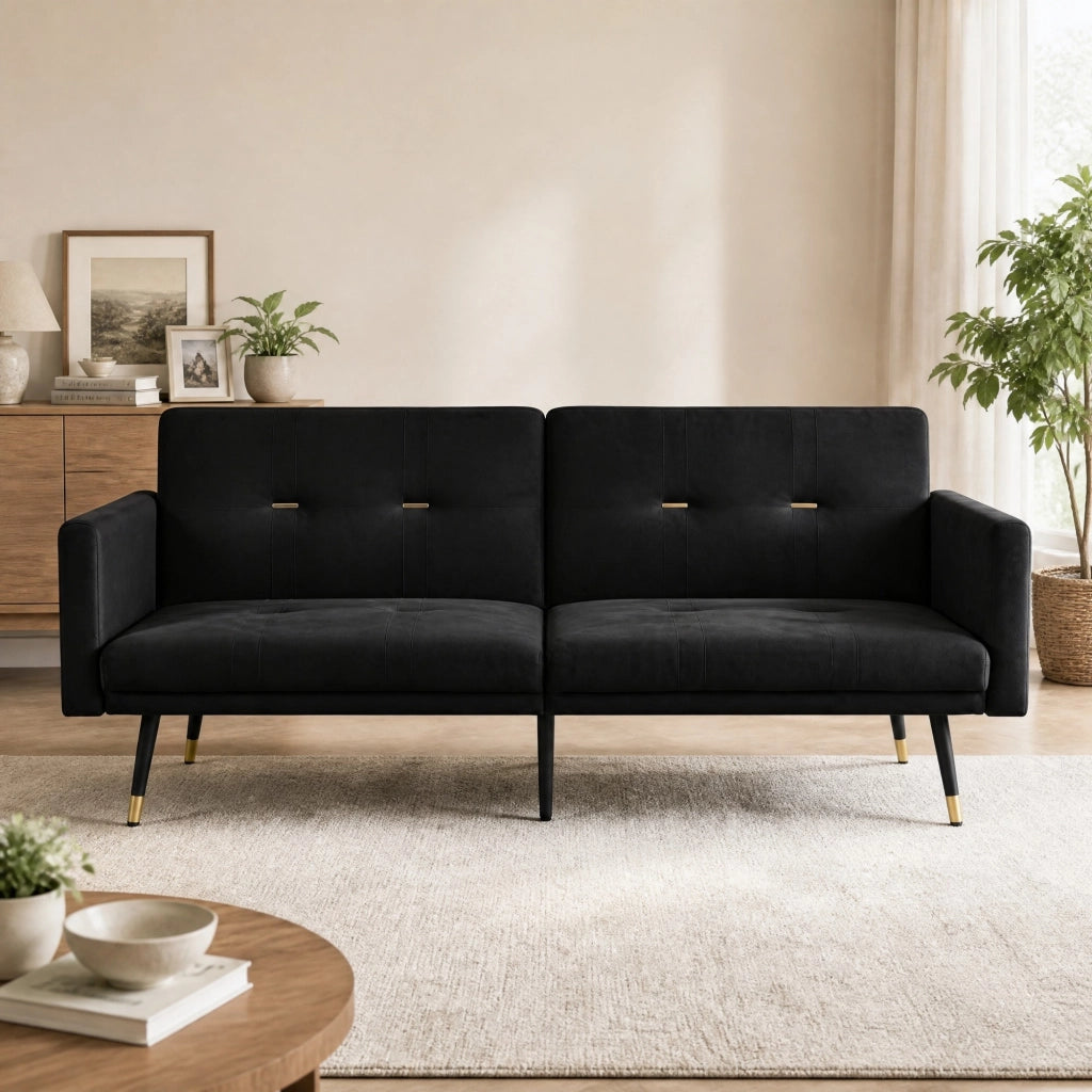 Divano letto 2 posti convertibile con schienali regolabili indipendenti in 5 posizioni velluto nero 164 × 89 × 70 cm