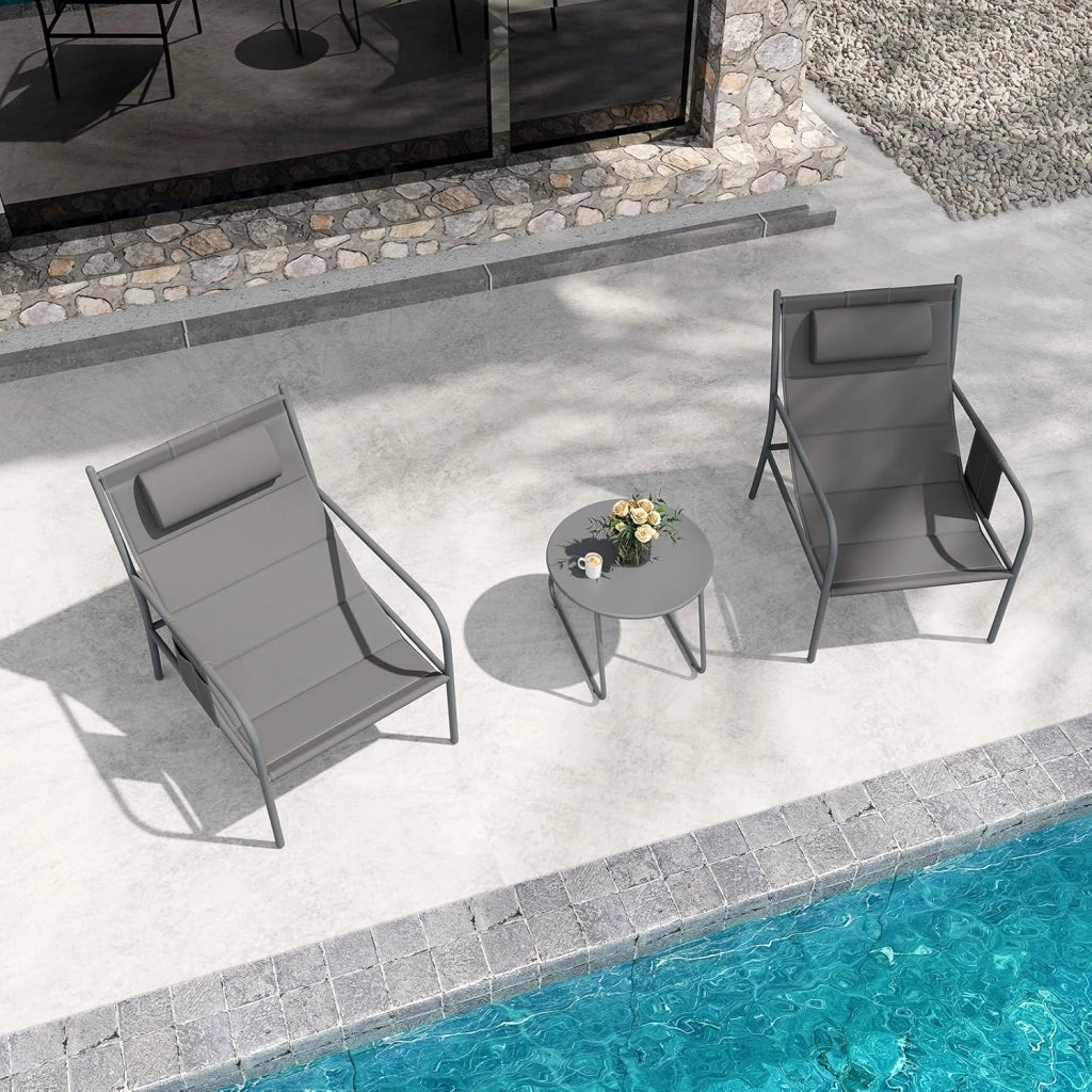 Set da Bistro per Giardino a 3 Pezzi, Sedie e Tavolino da Caffè in Metallo per Patio, Sedie con Poggiatesta, Set in Metallo per Cortile, Sedia Portata 150 kg, Tavolino Portata 50 kg
