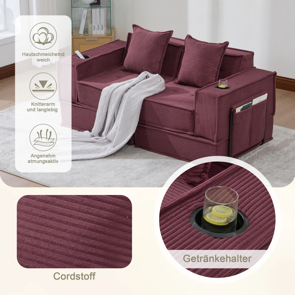 Pouf modulare con tasche laterali cuscini e seduta ergonomica in velluto a coste rosso vino 162 × 78 × 66 cm