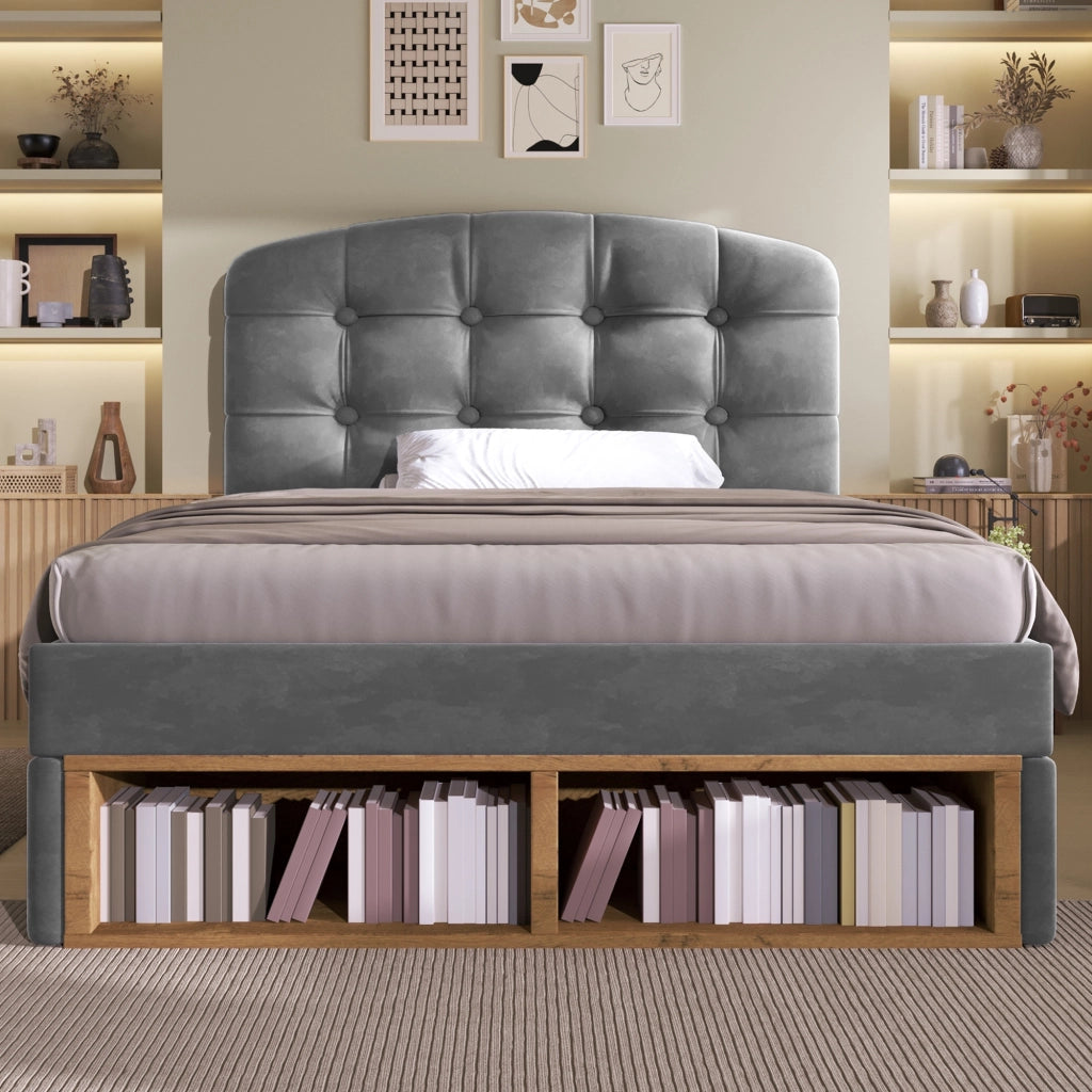 Letto singolo 90x200 cm, rivestito in velluto, testiera regolabile, 2 cassetti, grigio