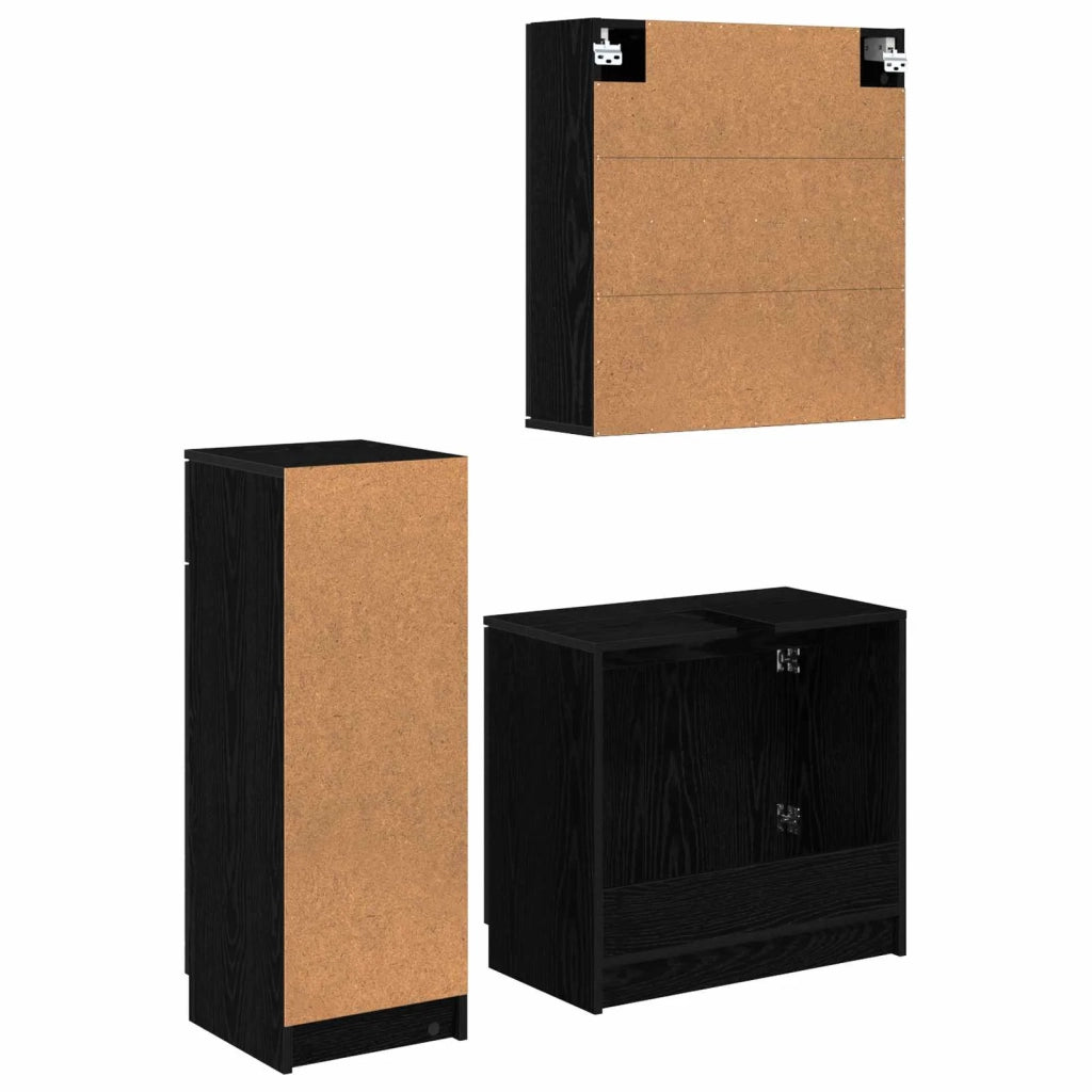Set di mobili per il Bagno | Armadio da bagno 3 pz Rovere Nero Legno multistrato