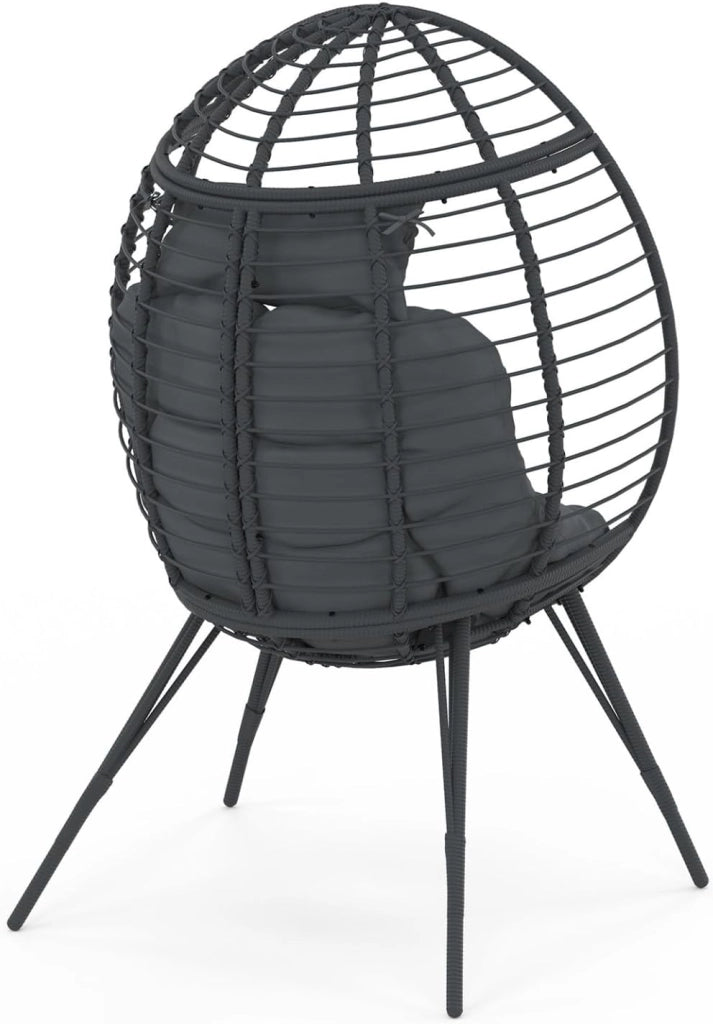 Poltrona Egg con Base Traforata Effetto Rattan Grigio e Cuscino Grigio