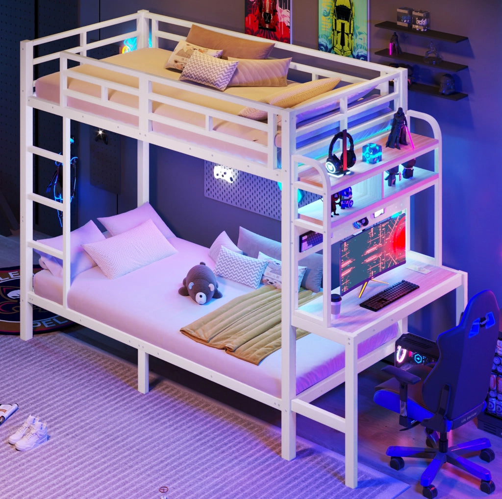 Letto a castello 90x200 cm in metallo e MDF con scrivania; ripiani; LED e USB; bianco
