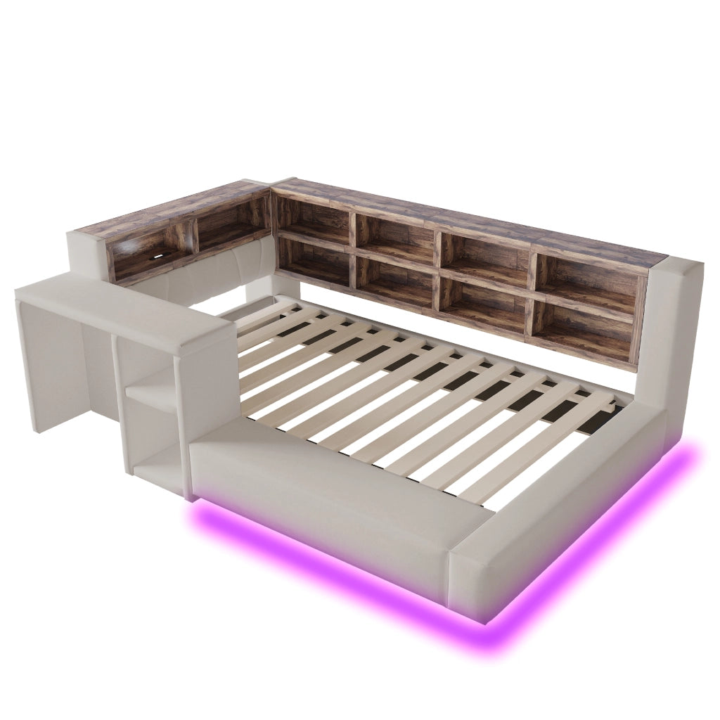 Letto imbottito 90 x 200 cm con testiera imbottita, vani contenitore integrati, LED, prese e comodino laterale, grigio chiaro