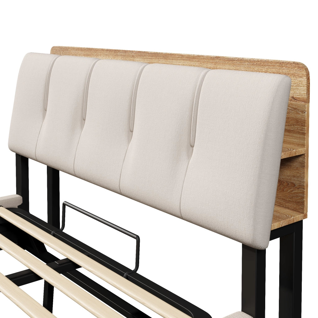 Letti contenitori 140x200 cm; con USB e LED; lino beige (Senza materasso)