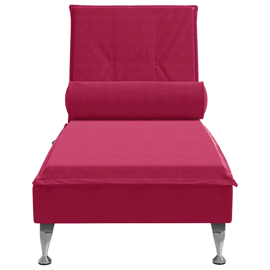 Chaise Longue Massaggi con Cuscino a Rullo Rosso Vino Velluto 379454
