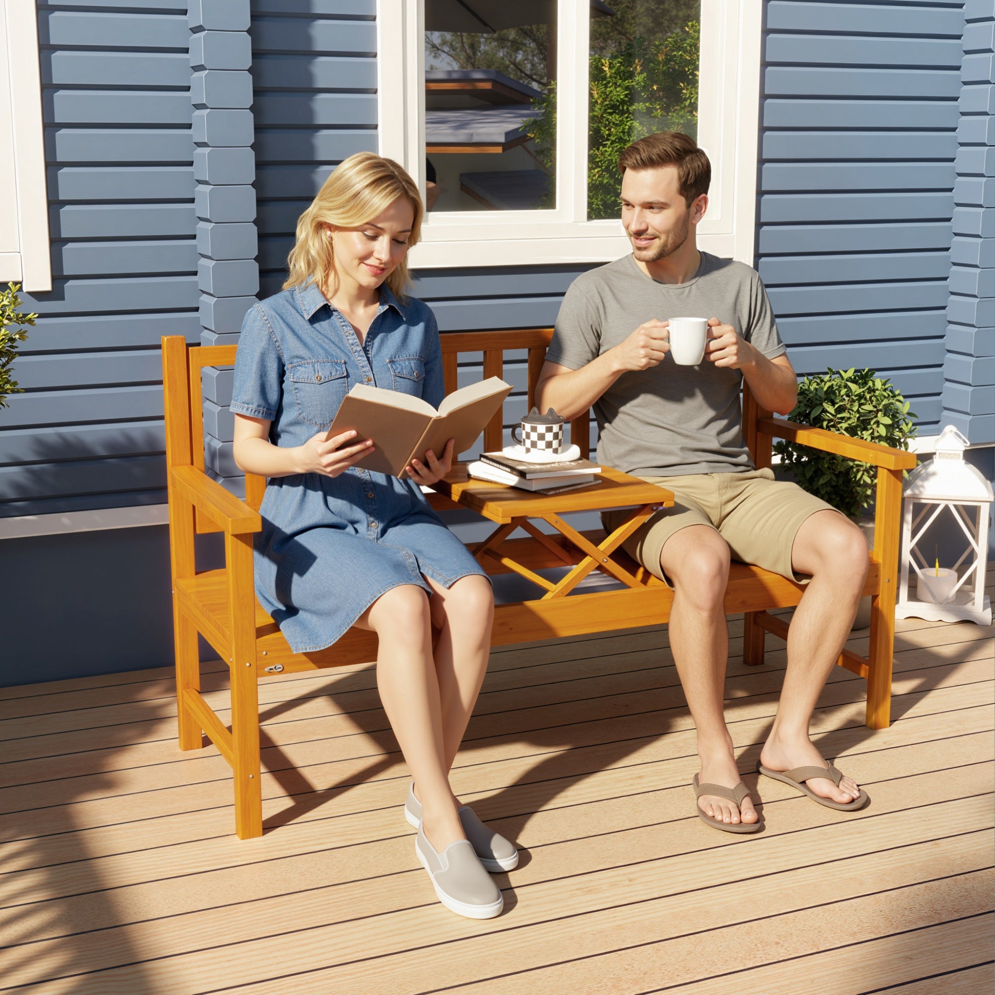 Panchina da Giardino 153x56x91 cm con Tavolino Centrale Sollevabile e Braccioli in Legno Marrone Chiaro