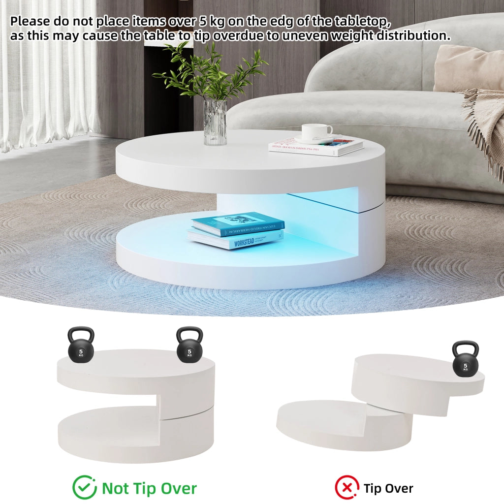 Tavolino da caffè con piano girevole; LED e vano doppio per soggiorno - 70×70×35.5 cm