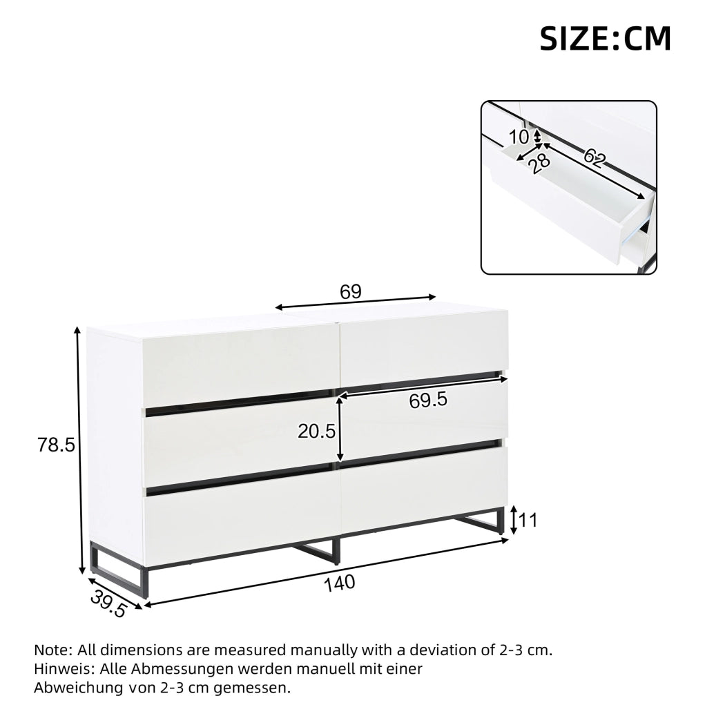 Credenza soggiorno 140 cm con 6 cassetti bianco e nero