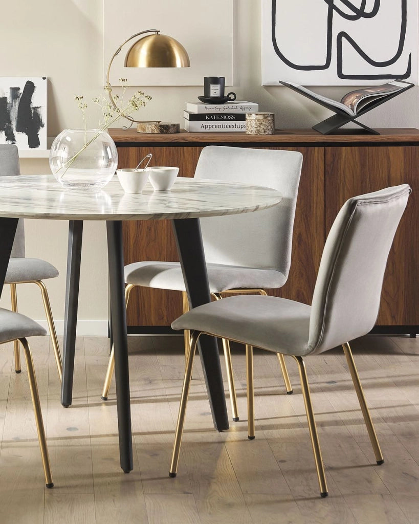 Set di 2 sedie da pranzo in velluto grigio gambe in metallo dorato senza braccioli Retro Glam