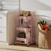 Carrello Ausiliario con Ruote Carro di Stoccaggio Multifunzionale con Ganci e Ceste Sospese 42x38x86,5 cm Rosa