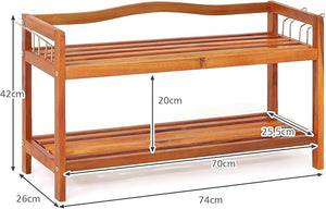 Scarpiera a 2 Livelli, Scaffale per Scarpe in Legno di Acacia Solido con Ganci Laterali in Metallo, Contiene 12 Paia, Capacità di Ogni Ripiano 20 kg, 74 x 26 x 42 cm (2 Livelli)