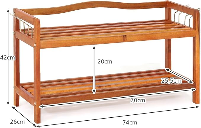 Scarpiera a 2 Livelli, Scaffale per Scarpe in Legno di Acacia Solido con Ganci Laterali in Metallo, Contiene 12 Paia, Capacità di Ogni Ripiano 20 kg, 74 x 26 x 42 cm (2 Livelli)