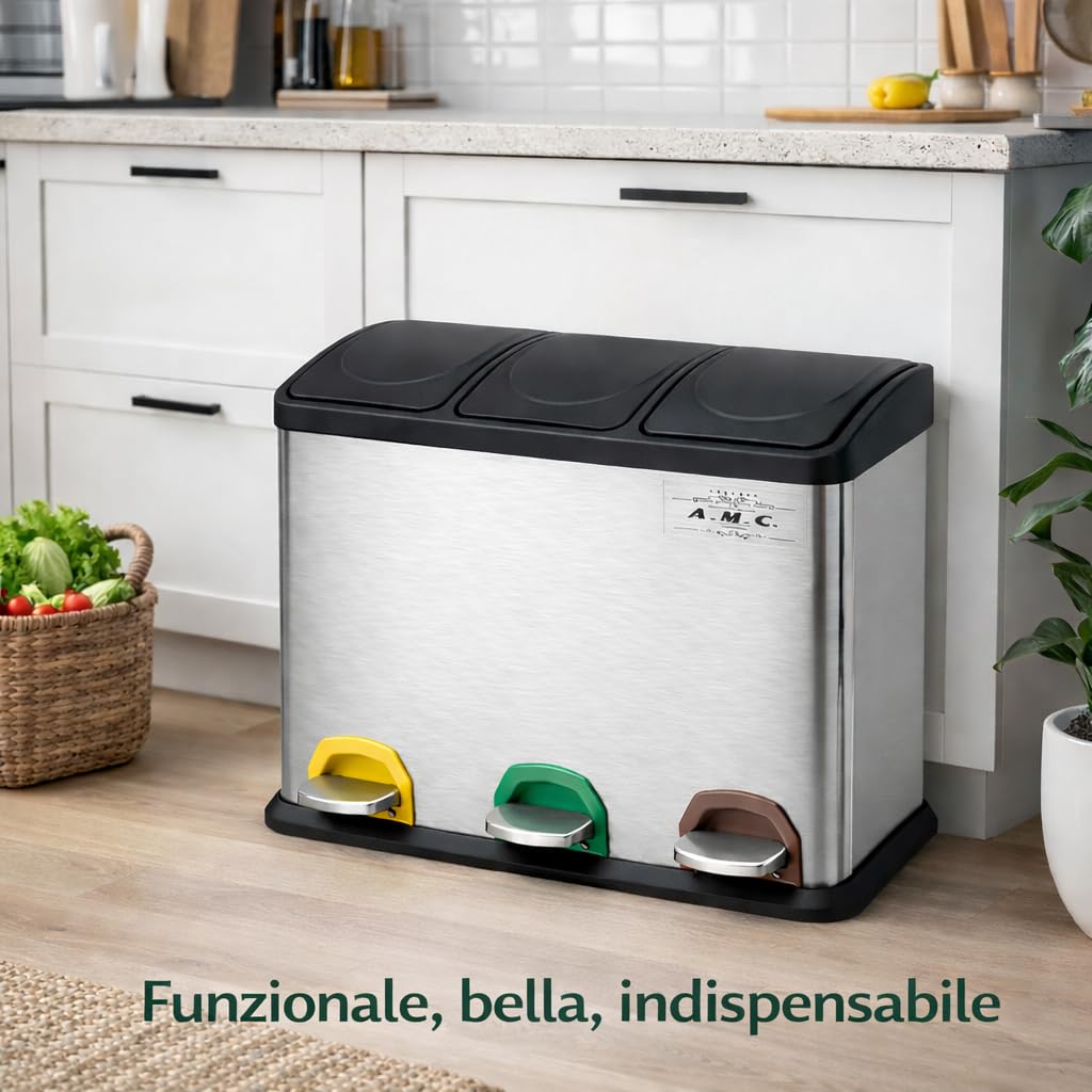 Pattumiera Differenziata 45L (3x15L) con Pedale, Cestino Raccolta Triplo da Cucina in Acciaio Metallico, 3 Scomparti con Coperchio, Colore Argento e Nero.