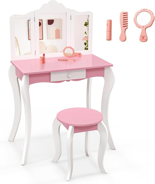 Set Toeletta da Trucco per Bambini, Toeletta Trucco con Specchio Triplo Pieghevole in Acrilico, Sgabello, Cassetto e Accessori, Bianco e Rosa