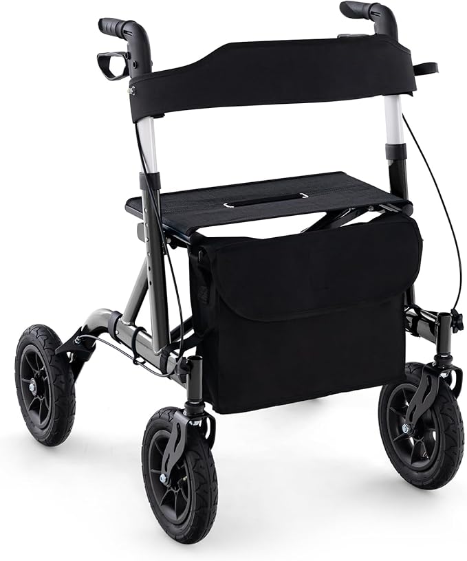 Deambulatore con Seduta 2 in 1, Rollator Pieghevole per Anziani con 4 Ruote, Maniglie Regolabili in Altezza 81-94cm, Portaombrelloni e Borsa Portaoggetti, Carico Massimo 160 kg (Nero)