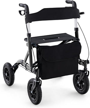 Deambulatore con Seduta 2 in 1, Rollator Pieghevole per Anziani con 4 Ruote, Maniglie Regolabili in Altezza 81-94cm, Portaombrelloni e Borsa Portaoggetti, Carico Massimo 160 kg (Nero)