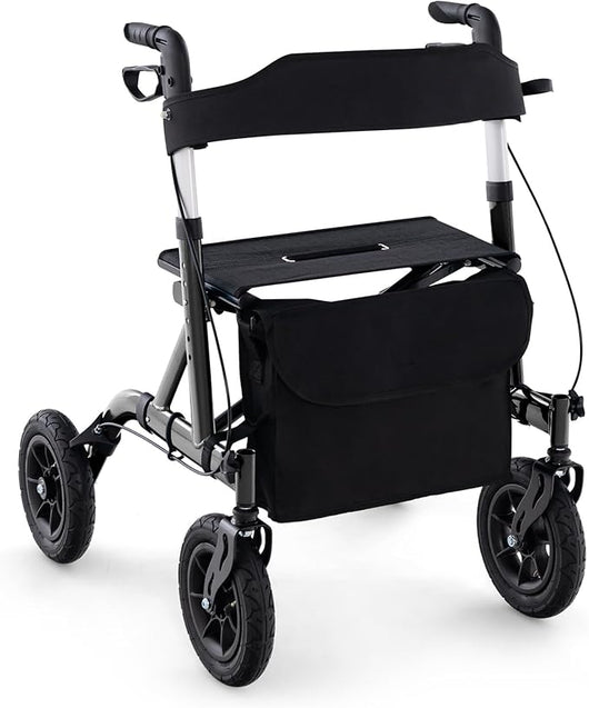 Deambulatore con Seduta 2 in 1, Rollator Pieghevole per Anziani con 4 Ruote, Maniglie Regolabili in Altezza 81-94cm, Portaombrelloni e Borsa Portaoggetti, Carico Massimo 160 kg (Nero)