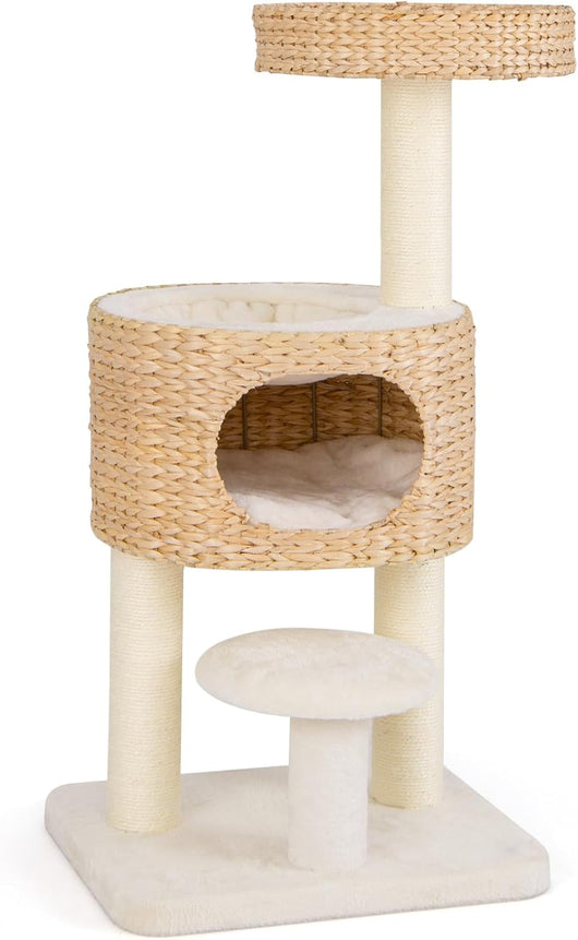 Tiragraffi per Gatti 104cm, Albero per Animali Domestici con Trespolo Superiore, Posti per Graffiare in Sisal, Cuscino Rimovibile e Palline, Torre Moderno Interno, Bianco e Naturale