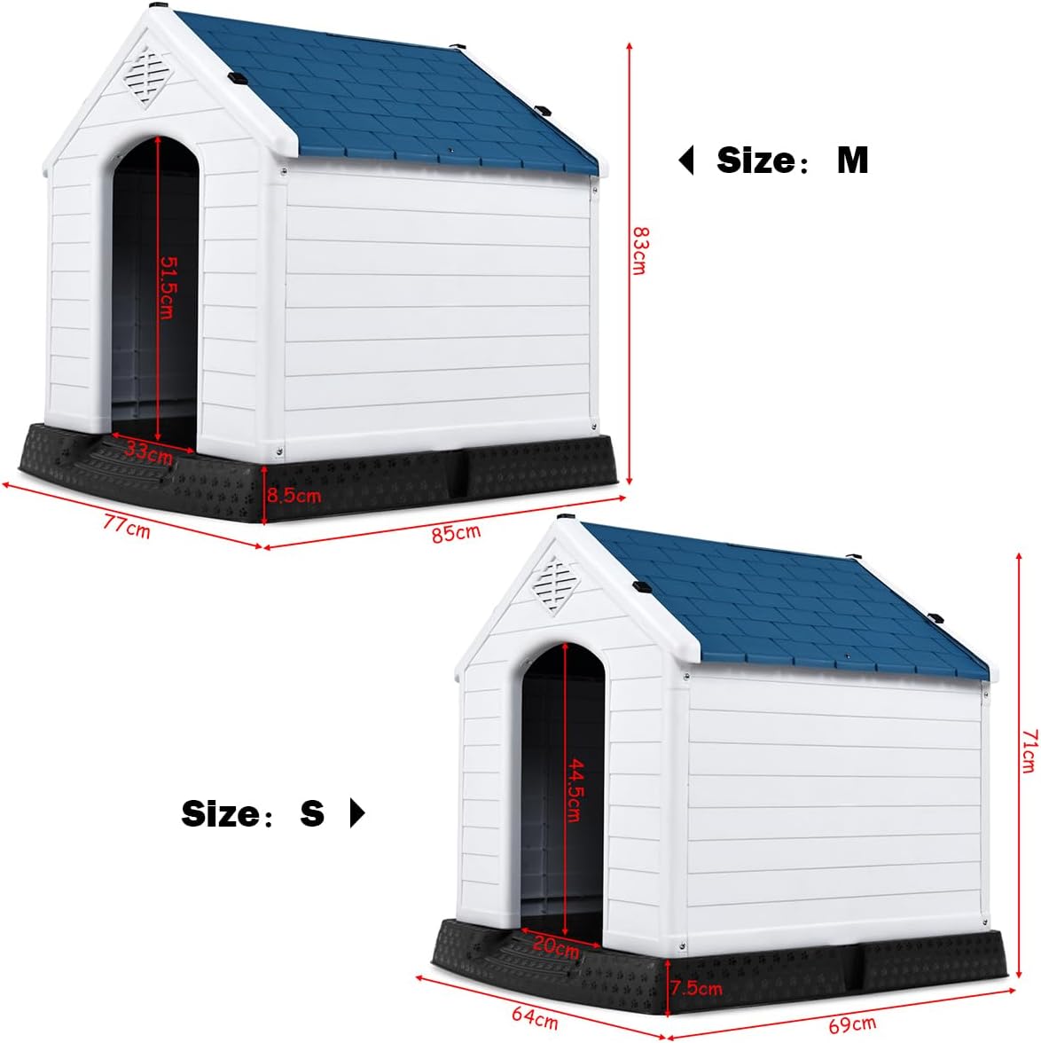 Cuccia per Cani da Esterno Impermeabile, Canile Villa per Cani in PP Resina, Bianco/Blu (85 x 77 x 83 cm)