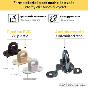 Fermo a farfalla in plastica marrone Cavallotto A Molla per Occhiello Ovale in PVC per Teloni Gazebo Copertura Laterale