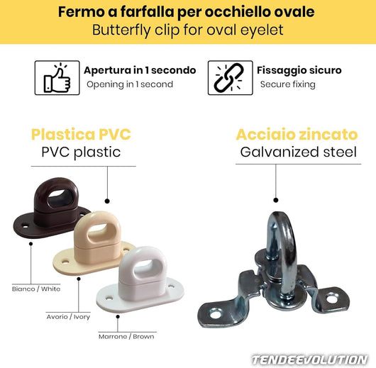 Fermo a farfalla in plastica marrone Cavallotto A Molla per Occhiello Ovale in PVC per Teloni Gazebo Copertura Laterale