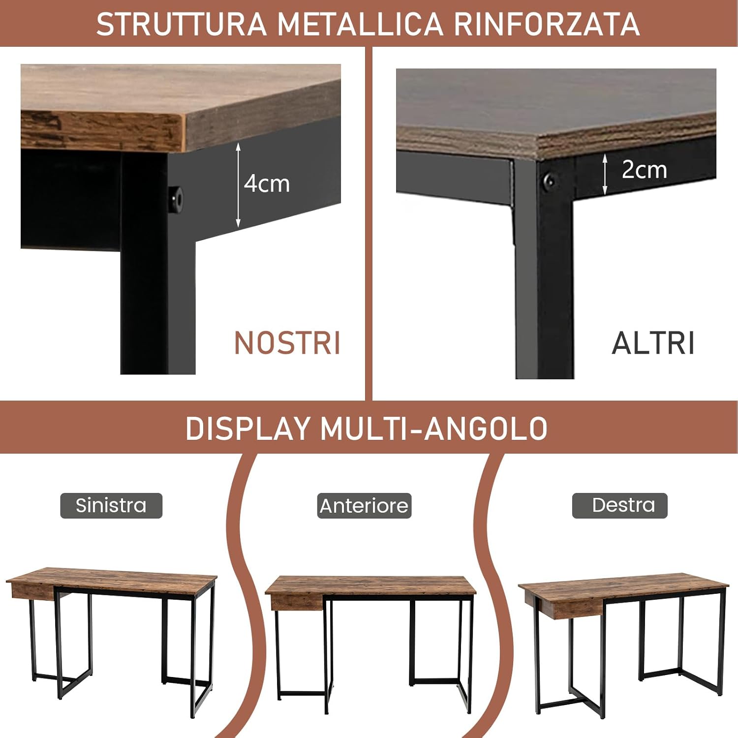 Scrivania per Computer da 120 cm con Cassetto, Scrivania per Ufficio con Struttura in Metallo e Piedini Regolabili, per Studio e Soggiorno, 120 x 55 x 75 cm (Marrone Rustico)