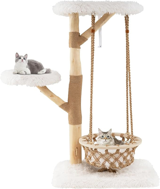 Albero Tiragraffi per Gatti 70 x 50 x 123 cm, Torre per Animali Domestici con Amaca Altalena, Rami di Legno Reale, Pali Tiragraffi di Juta e 2 Posatoi, Giochi per Gatti da Interno