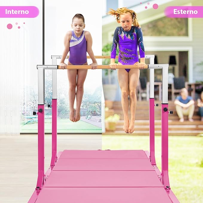 Parallele Doppie per Ginnastica, Sbarre Orizzontali Doppie con Larghezza Regolabile e 11 Altezze, capacità di Carico di 100 kg, Sbarre di Allenamento per Bambini 6-12 Anni