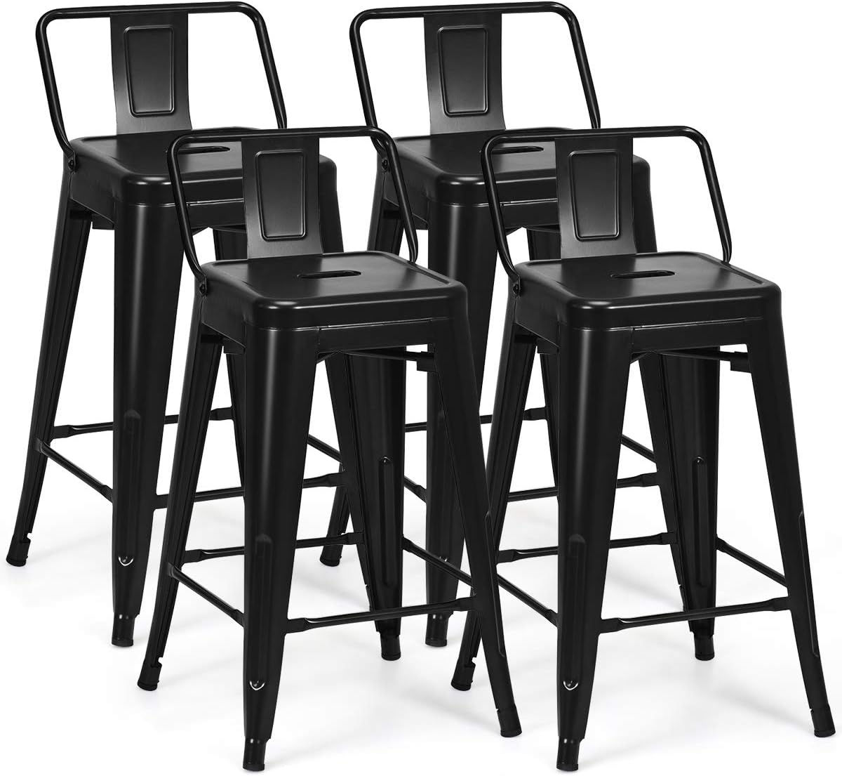 Set di 4 Sgabelli da Bar da 62 cm, Impilabile Sedie da Cucina Alto, in Metallo, con Schienale Rimovibile, Poggiapiedi, Design Industriale (Nero)