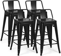 Set di 4 Sgabelli da Bar da 62 cm, Impilabile Sedie da Cucina Alto, in Metallo, con Schienale Rimovibile, Poggiapiedi, Design Industriale (Nero)